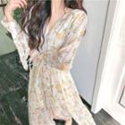 Long-sleeve V-neck Flower Print Button-up Dress