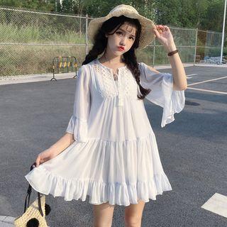 Set: Elbow-sleeve Ruffle-trim Mini A-line Dress + Slipdress As Shown In Figure - One Size