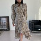 Long-sleeve Leopard Print Frill Trim Midi A-line Dress