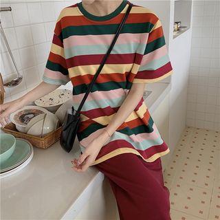 Striped Short-sleeve T-shirt / Slit Midi Straight Fit Skirt