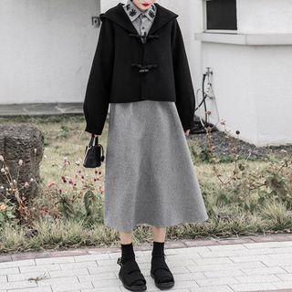 Long-sleeve Embroidered Placket A-line Midi Dress