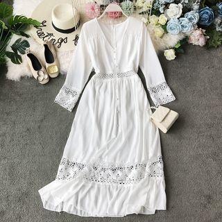 Eyelet-lace Trim V-neck Long-sleeve Dress
