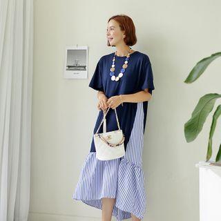Striped-panel Frilled-hem Long Dress