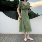 Short-sleeve Plaid Drawstring A-line Midi Dress Dress - Plaid - Green & White - One Size
