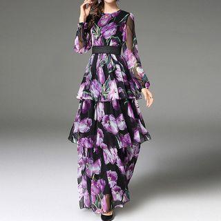 Flower Print Long-sleeve Maxi Tiered Dress