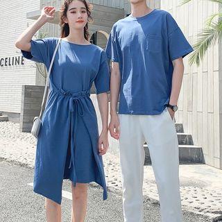 Couple Matching Drawstring Elbow-sleeve T-shirt Dress / Plain Short-sleeve T-shirt / Shorts / Cropped Pants