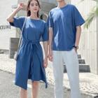 Couple Matching Drawstring Elbow-sleeve T-shirt Dress / Plain Short-sleeve T-shirt / Shorts / Cropped Pants