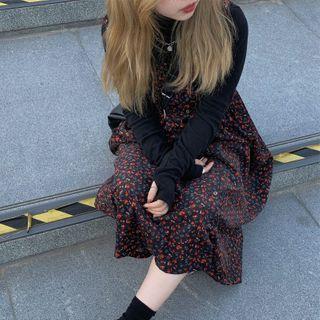 Plain Stand Collar Long-sleeve Top/ Floral Corduroy Pinafore Dress
