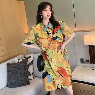 Short-sleeve Printed Mini Shirtdress As Shown In Figure - One Size