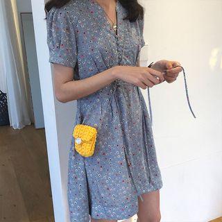 Short-sleeve Drawstring Floral Printed Dress