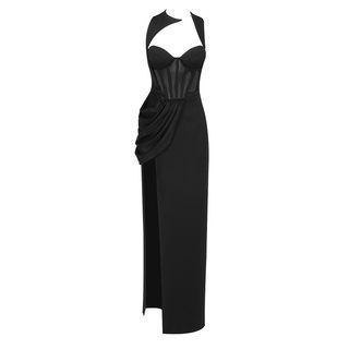 Sleeveless Mesh Panel Slit Maxi Corset Dress