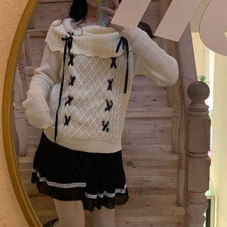 Long-sleeve Off-shoulder Lace-up Knit Top / Mini A-line Skirt