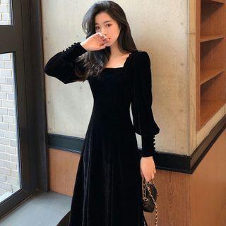 Lantern-sleeve Square Neck Velvet Midi A-line Dress