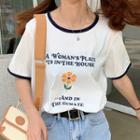 Short-sleeve Flower Print Lettering T-shirt White - One Size