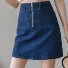 Zipped Denim Mini A-line Skirt