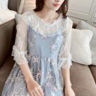 3/4-sleeve Frill Trim Lace Top