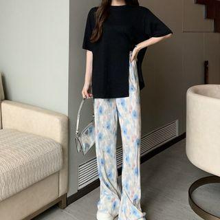 Elbow-sleeve Plain T-shirt / Floral Print Wide Leg Pants
