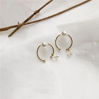 Faux Pearl Faux Crystal Open Hoop Earring 1 Pair - Stud Earring - One Size