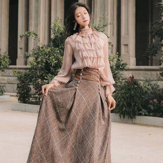 Ruffle Panel Blouse / Plaid Maxi A-line Skirt