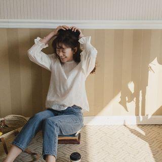 Smocked-cuff Embroidered Blouse