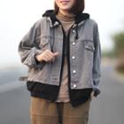Mock Two-piece Hooded Buttoned Denim Jacket Light Gray & Black - One Size