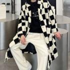 Checkered Fleece Button-up Long Coat
