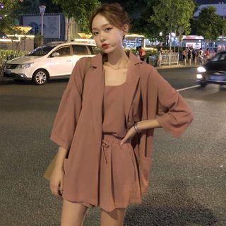 Set: 3/4-sleeve Blazer + Wide-leg Shorts + Spaghetti Strap Top