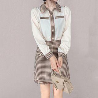 Set: Plaid Trim Shirt + A-line Skirt