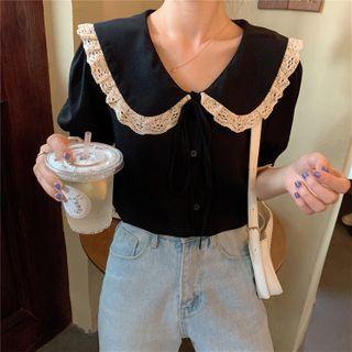Lace Trim Short Sleeve Peter Pan Collar Blouse