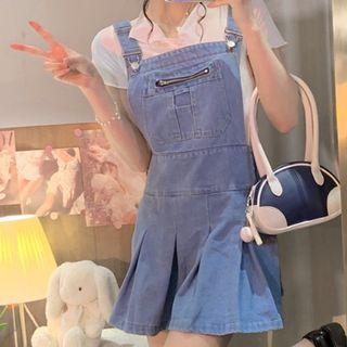 Pleated Mini A-line Denim Overall Dress