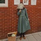 Round-collar Drawstring-waist Gingham Dress Green - One Size