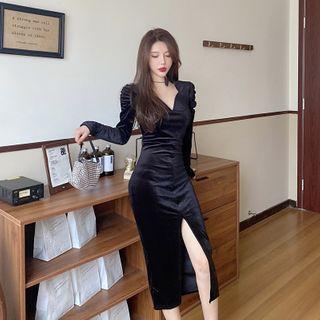 Long-sleeve Side-slit Midi Sheath Dress