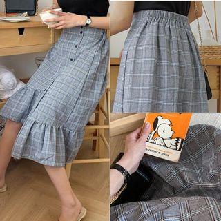 Asymmetric Frill-hem Plaid Midi Skirt