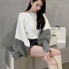 Puff-sleeve Two-tone Sweater White & Gray - One Size