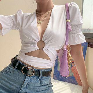 Short-sleeve Shirred Tie-waist Crop Top