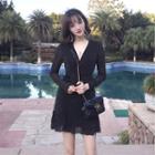 Long-sleeve Glitter Tie-waist Mini A-line Dress