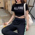 Plain Lettering Print Crewneck Short-sleeve Top / Color-block High-waist Pants