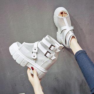 Buckled Mesh Panel Peep-toe Platform Short Boots