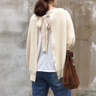 Plain Loose-fit Bow-accent Cardigan