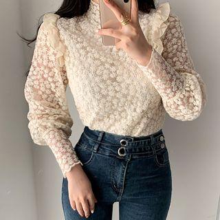 Turtleneck Long-sleeve Lace Top Almond - One Size