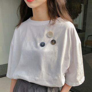 Elbow-sleeve Button Accent T-shirt