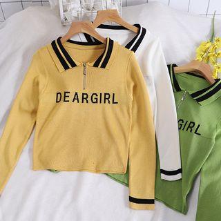 Lettering Long-sleeve Knit Polo Shirt
