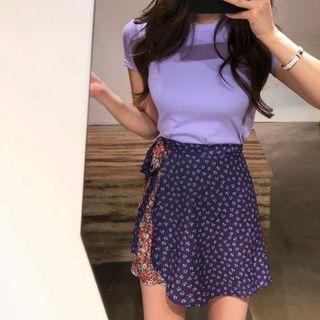 Floral Print Mini A-line Skirt / Short-sleeve T-shirt