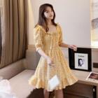 Balloon-sleeve Gingham Dotted Ruffled A-line Dress