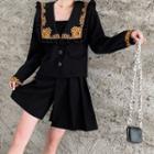 Set: Embroidered Frill Trim Button Jacket + Mini A-line Skort