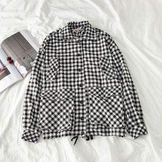 Front Pocket Long-sleeve Gingham Shirt Black & White - One Size