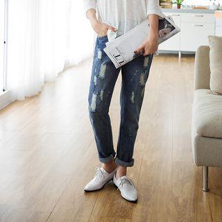 Worn-out Brushed Shirred Jeans