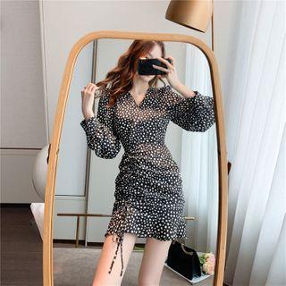 Long-sleeve Dotted Drawstring Mini Sheath Dress