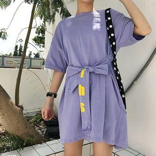 Tie-waist Lettering Short-sleeve Long T-shirt