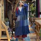 Long-sleeve Color Block Midi A-line Dress White & Gray & Blue - One Size